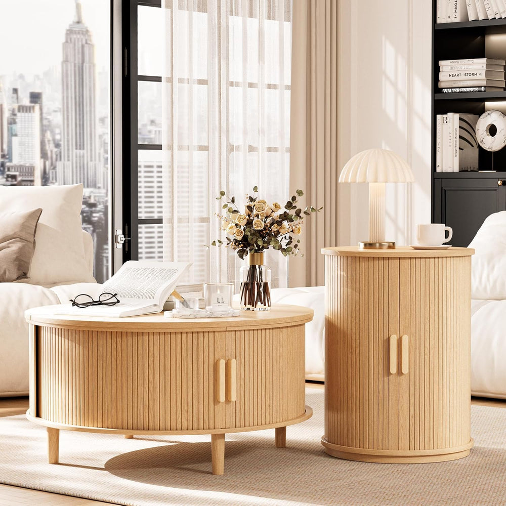 INNOD Side Table with Storage for Living Room, Round End Table with Sliding T...