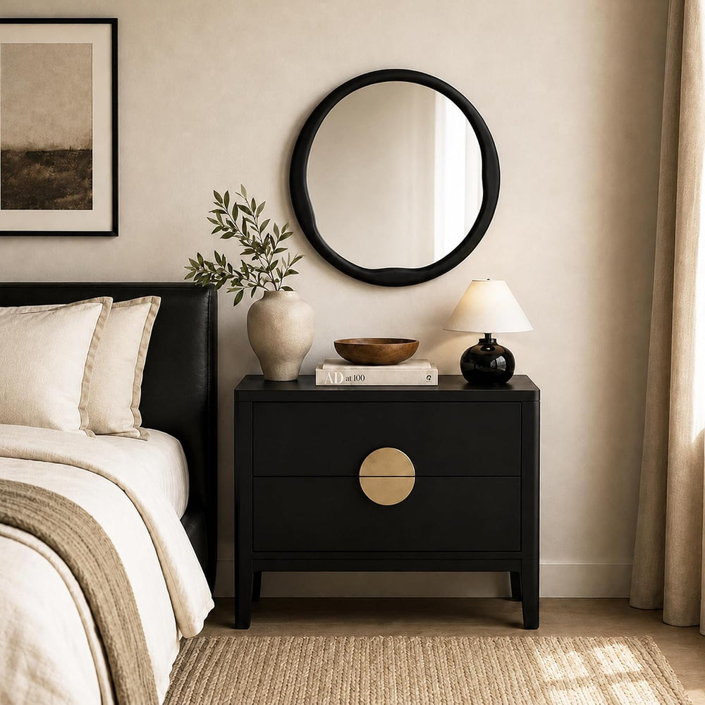 Matte Black 24 Inch Round Wood Wall Mirror, Asymmetrical Inner Edge