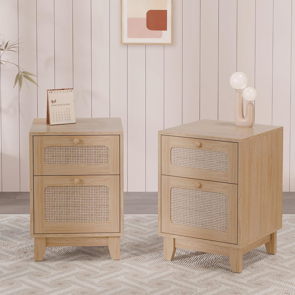 Rattan Nightstand, Boho Side Table with Drawer, Cane Accent Bedside End Table...