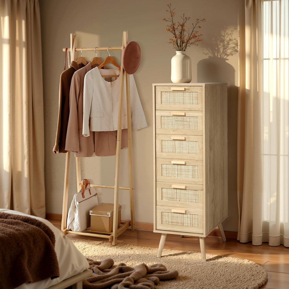 Finnhomy Rattan Dresser for Bedroom, Tall Dresser with 6 Hand Made Rattan Dec...