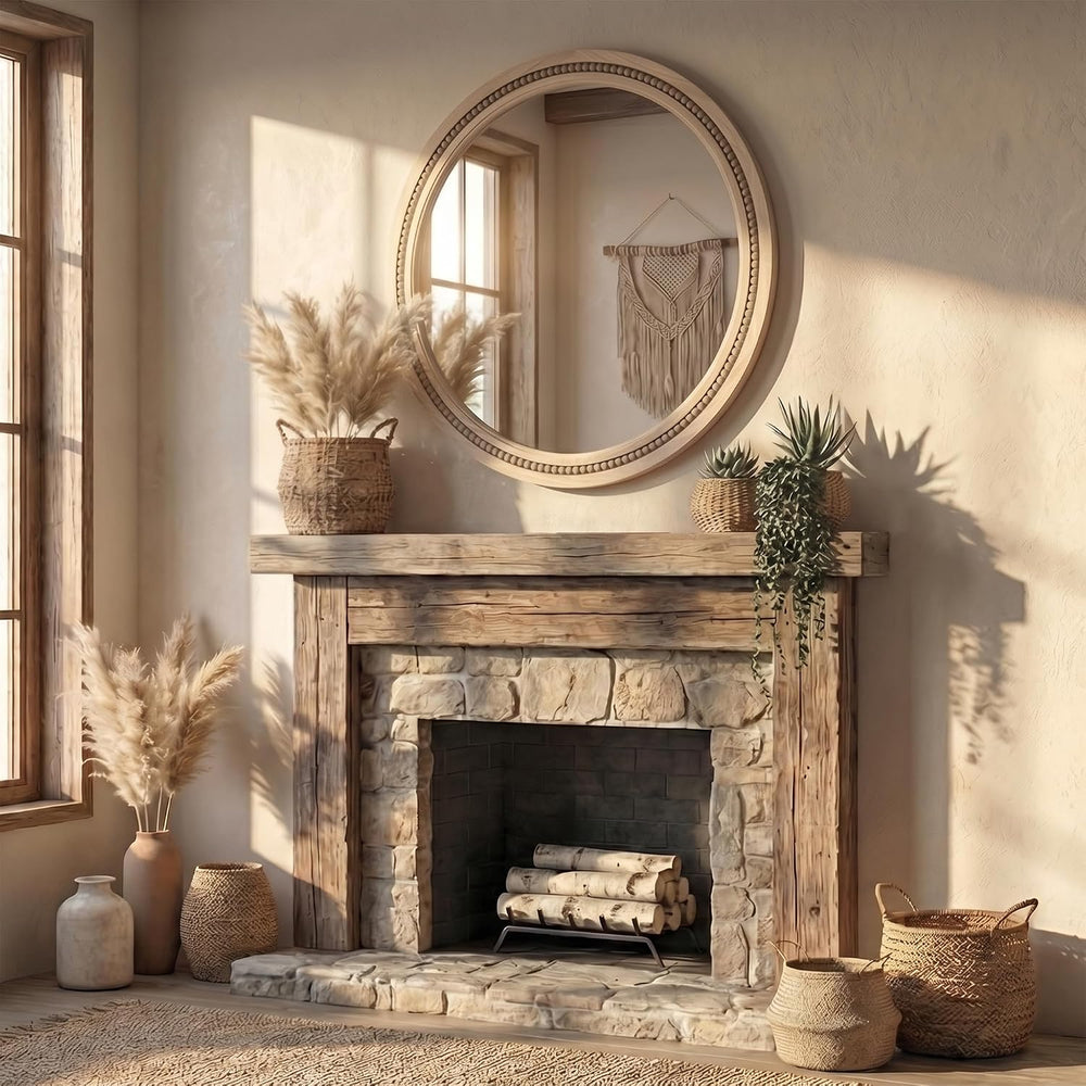 Solid Wood 30 Inch Round Beaded Vanity Wall Mirror, Natural Wood