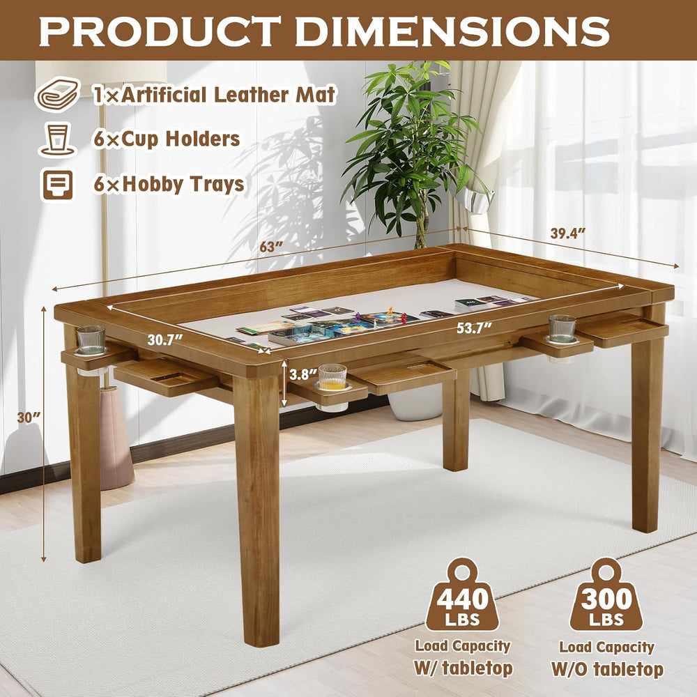 63"x39" Board Game Table with Removable Top Solid Wood Dining/Gamin...
