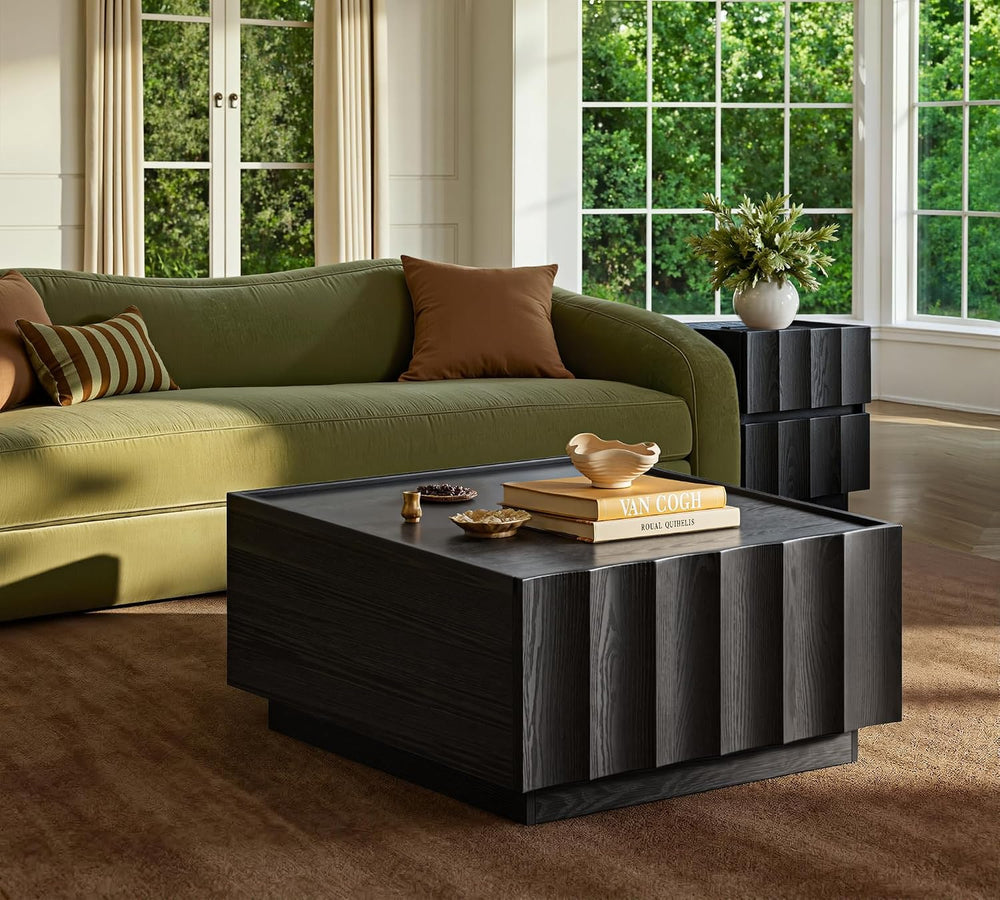 win2win Square Coffee Table with Storage, Wave Design, Black