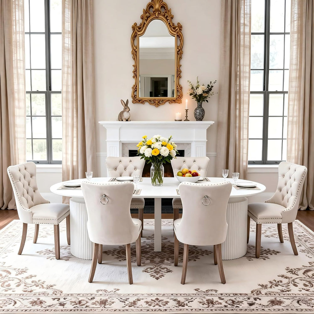 44-132 in Extendable Round Dining Table Set for 8 with Beige Velvet Chairs