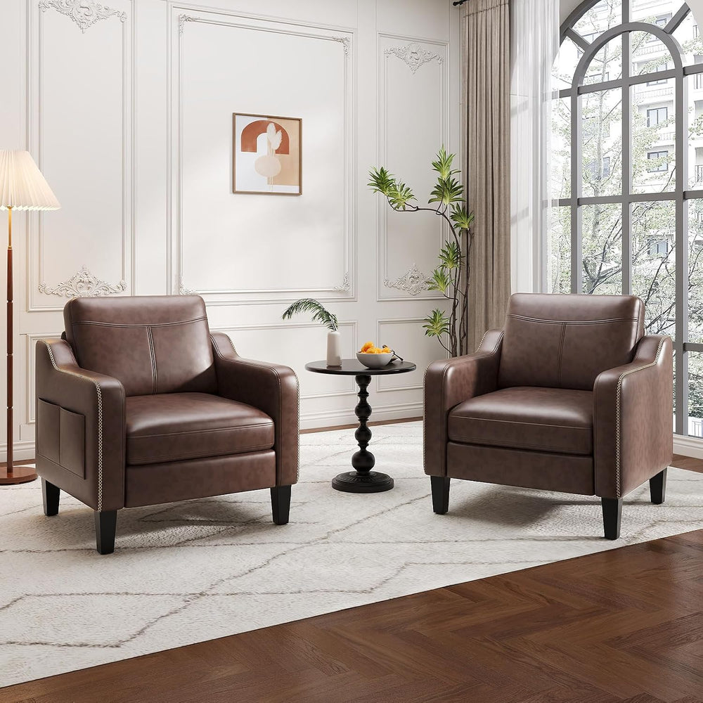 MALOL PU Leather Accent Chair with Solid Wood Frame, Chocolate Brown
