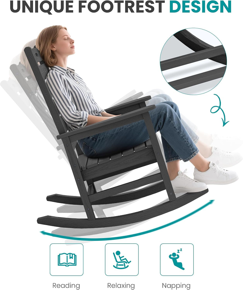 SERWALL 2-Pc Rocking Chair Set with Footboard, HDPE, 350lbs Cap, Gray