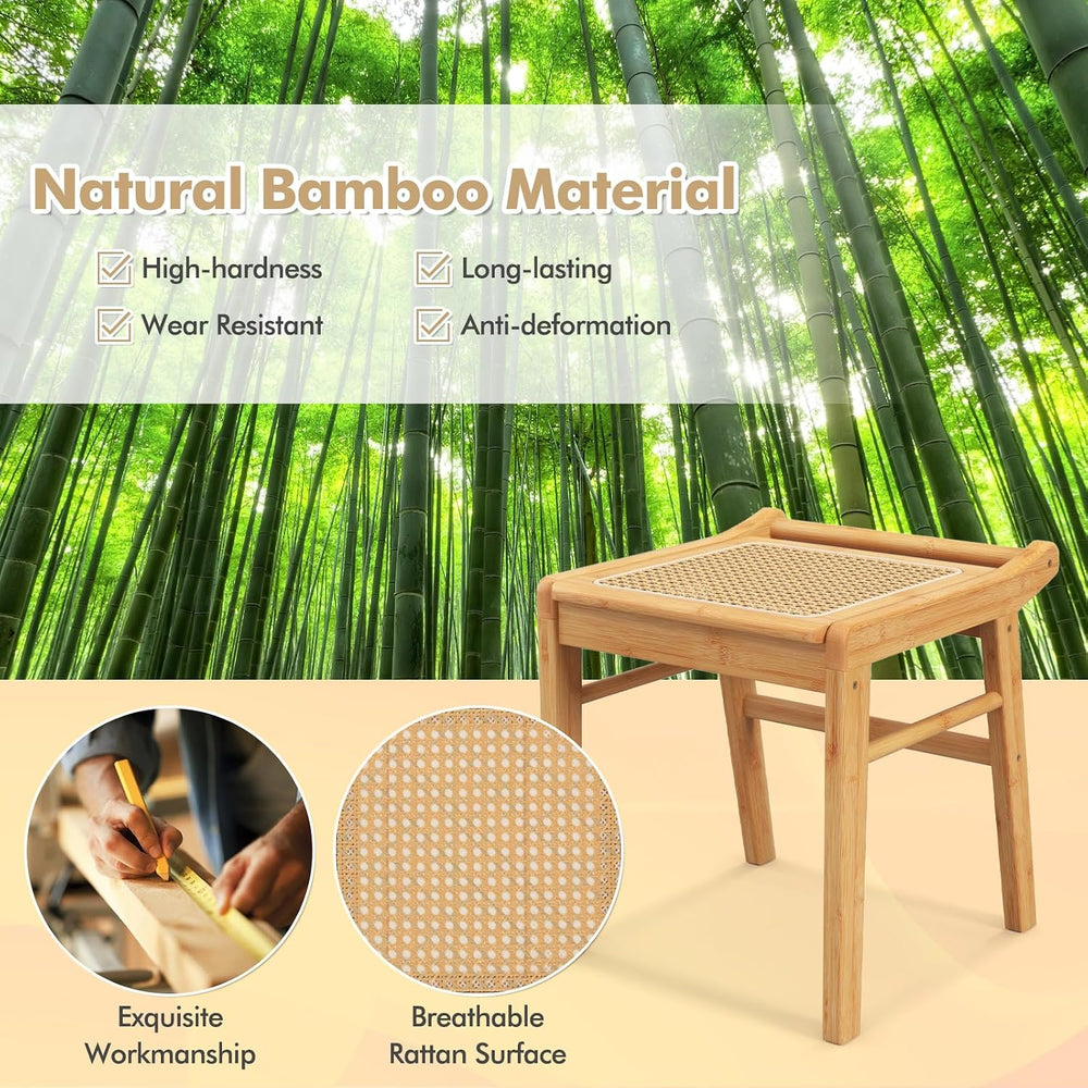 CHARMAID Vanity Stool, Bamboo Ottoman Foot Rest with Rattan Seat, Anti-Slip F...