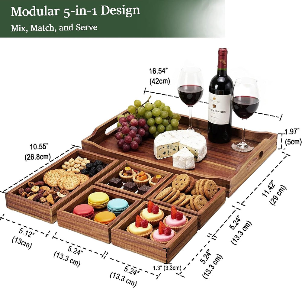 Acacia Wood Serving Tray with Handles for Ottoman Coffee Table