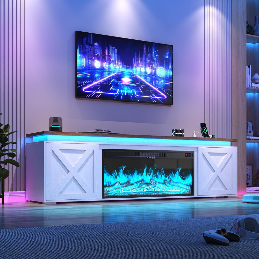 83" Farmhouse TV Stand w/40 Electric Fireplace for TVs Up to 95 Inch,White