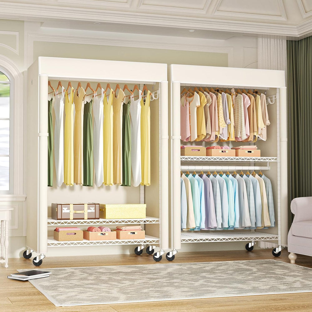 FUTASSI White Clothing Rack with Beige Cover, P1C Plus Rolling Closet