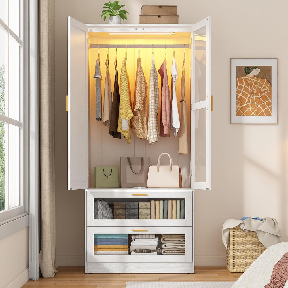2 Doors Armoire Wardrobe Closet with LED and Mirror,71" H Freestanding W...