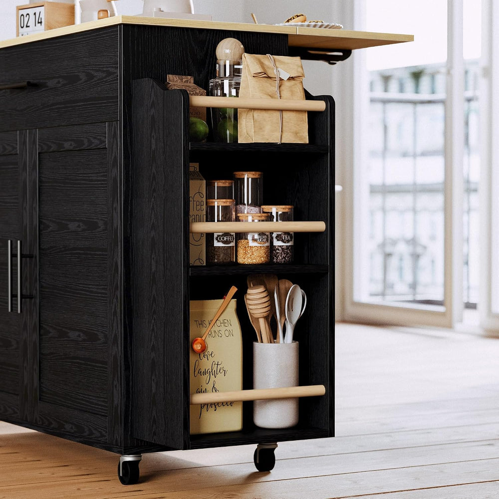 IRONCK Kitchen Island with Storage, Charging Station and Drop Leaf, Black
