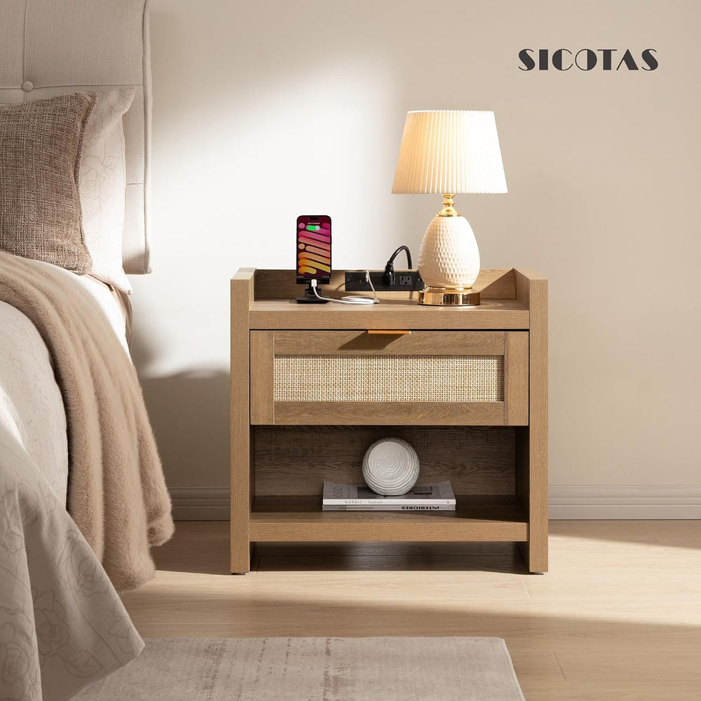 SICOTAS Rattan Night Stand Set of 2, Bedside Table with Large Drawer