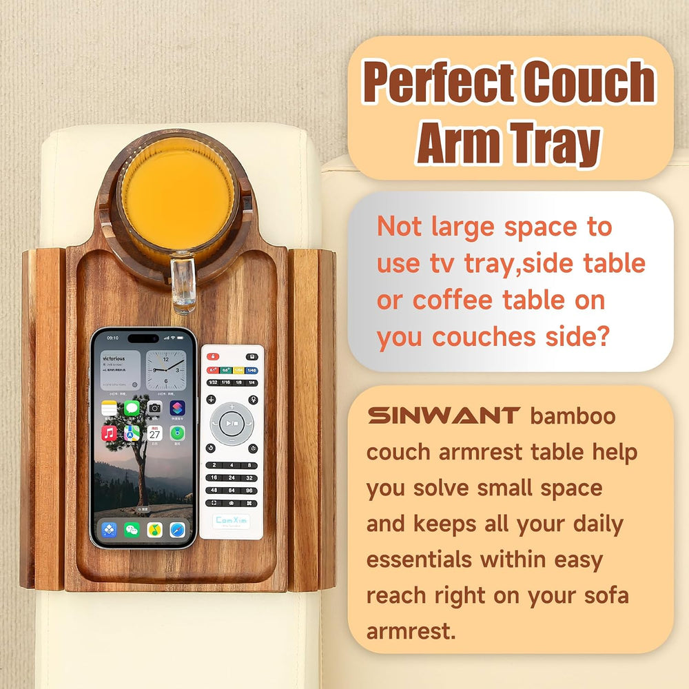 SINWANT Couch Cup Holder Tray,Fit Sofa Armrests 6.3" and Wider,Acacia