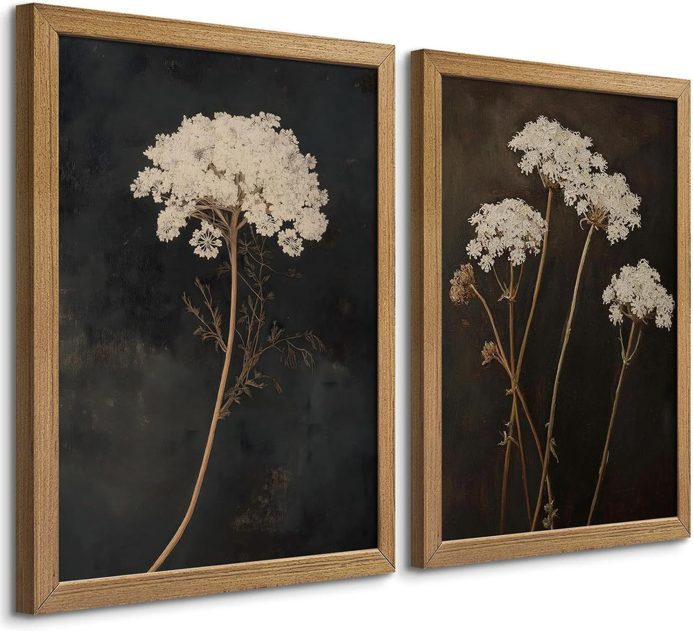 Framed Moody Botanical Wall Art Set of 2, Vintage Wildflower Canvas Prints,Ru...