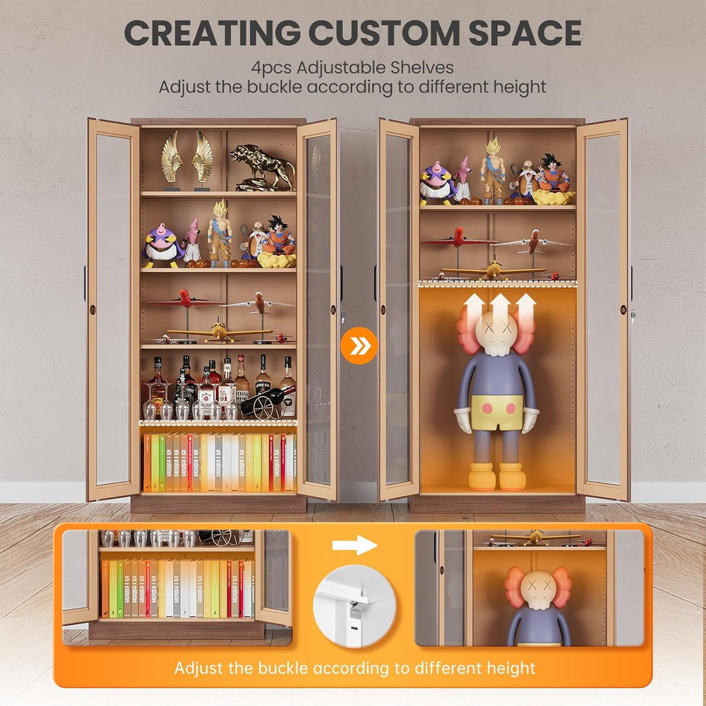 Locking Display Cabinet with Glass Door, 71”H Metal Curio Cabinets with Adjus...