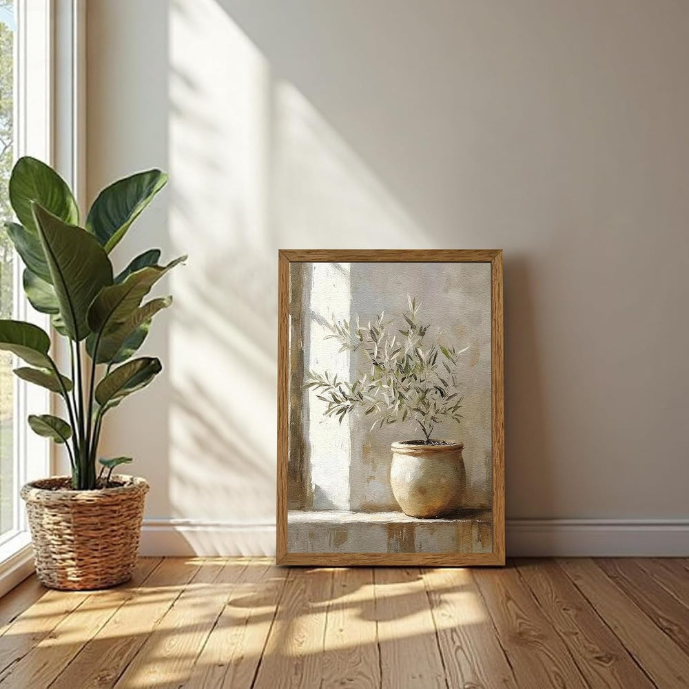 AVECCO Potted Vintage Olive Tree Botanical Wall Art Framed Canvas 16x24 in
