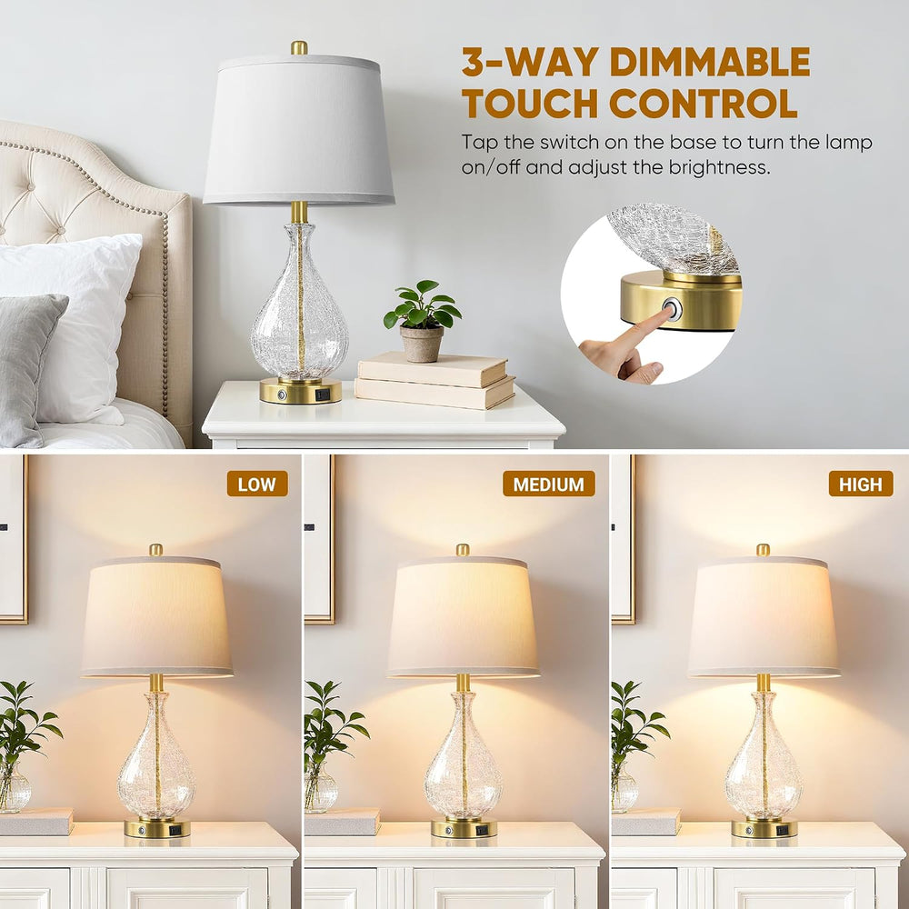 QiMH Bedside Lamps Set of 2, Modern Glass Table Lamps for Living Room