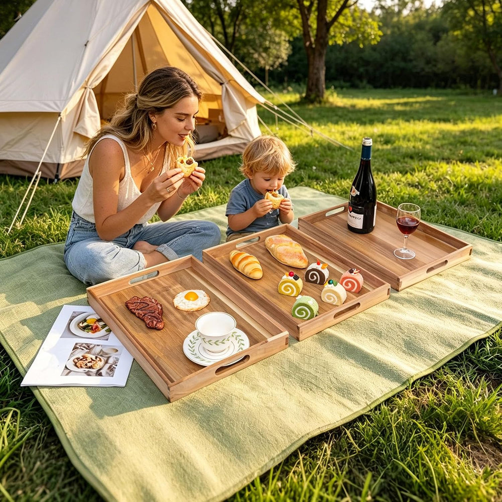 3-piece Set Wooden Serving Tray with Handles (17 Inches) – Decorative Serving...