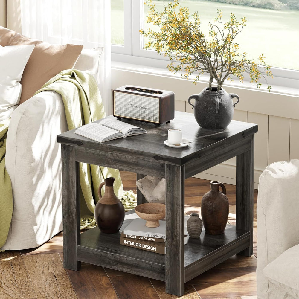 Homieasy 20" End Table with Storage Shelf, Farmhouse Bedside Table, Grey