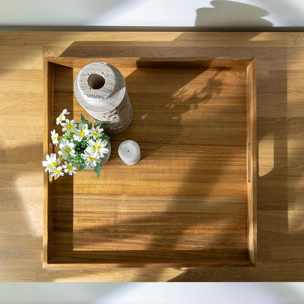 Hanobe 20" Large Acacia Wood Ottoman Tray with Handle for Coffee Table