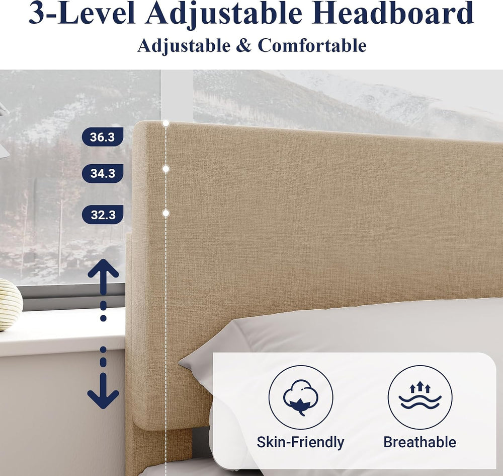 Allewie King Size Upholstered Bed Frame Adjustable Headboard, Beige