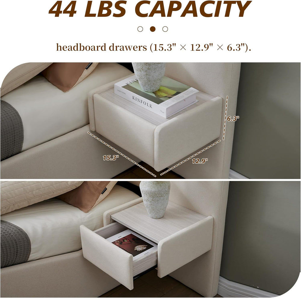 King Size Lift Up Storage Bed Frame with 2 Built-in Nightstands, Beige