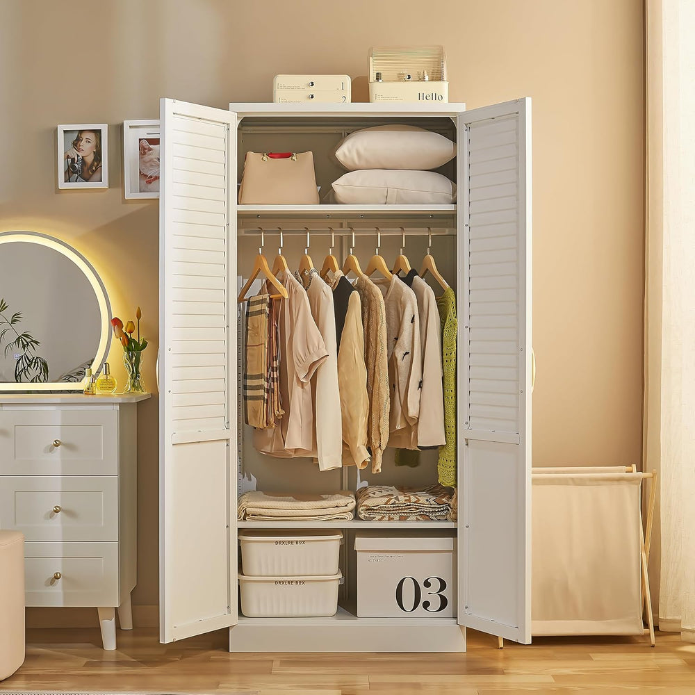 Metal Wardrobe Closet with Louvered Doors, Bedroom Storage Cabinet