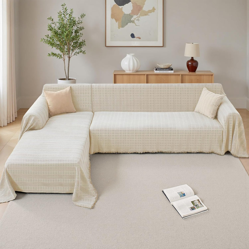 Herringbone L Shaped Couch Cover for Sectional Sofa, 2 Pcs, Almond Cream