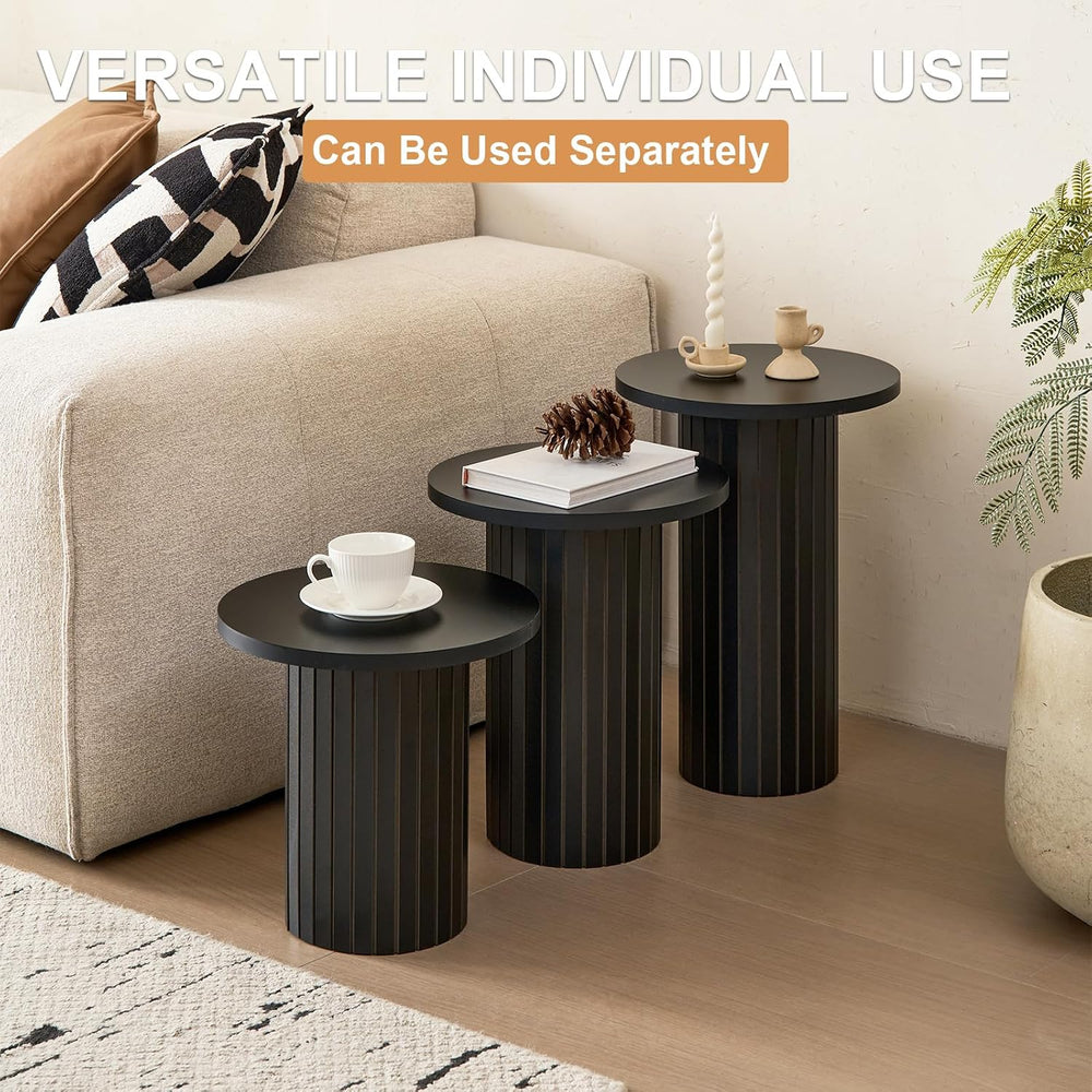3-Piece Nesting Coffee Table Set Small Round Side Tables, Black