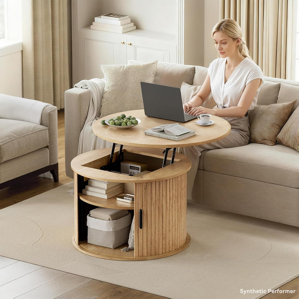 FABATO Round Lift Top Coffee Table Fluted Drum Table Sliding Door, Wood