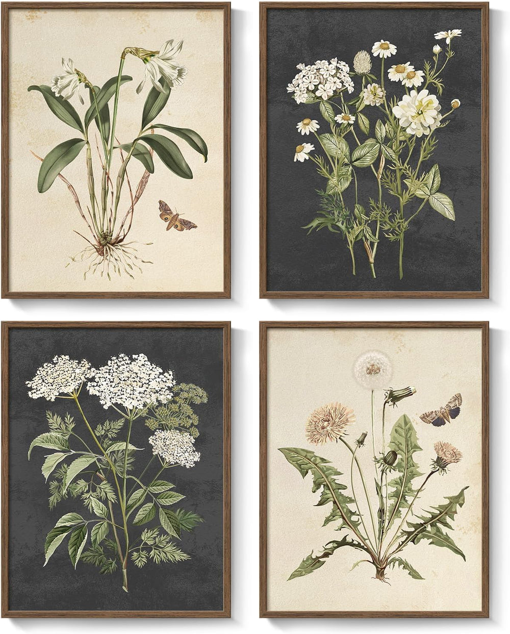 Framed Vintage Botanical Floral Wall Art for Bedroom, 4 Piece 11x14 In