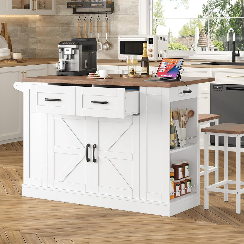 Keyluv Kitchen Storage Island with 2 Stools, 51.2” Mobile Kitchen Cart with D...