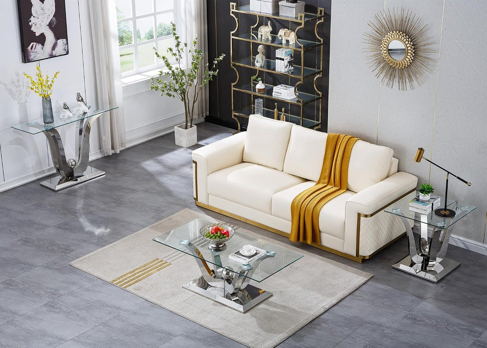 SSLine 3-Piece Modern Silver Glass Coffee Table Set, End & Console Tables