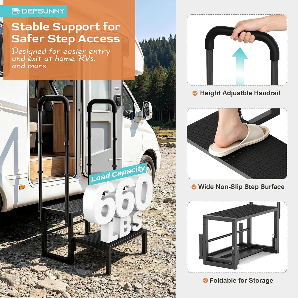 2-Step RV Steps with Handrail, Heavy Duty Anti-Slip Folding Stairs