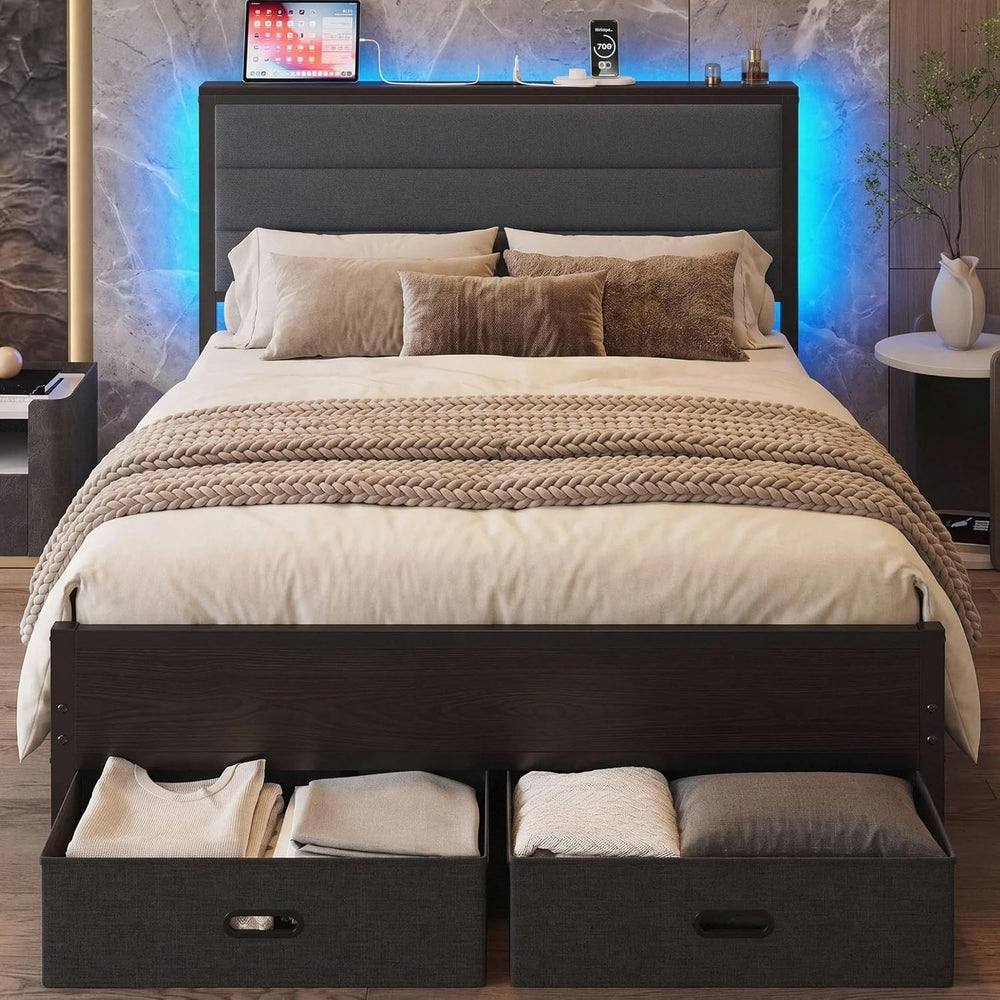LIKIMIO Full Size Bed Frame with 2 Storage Drawers, Upholstered Headboard