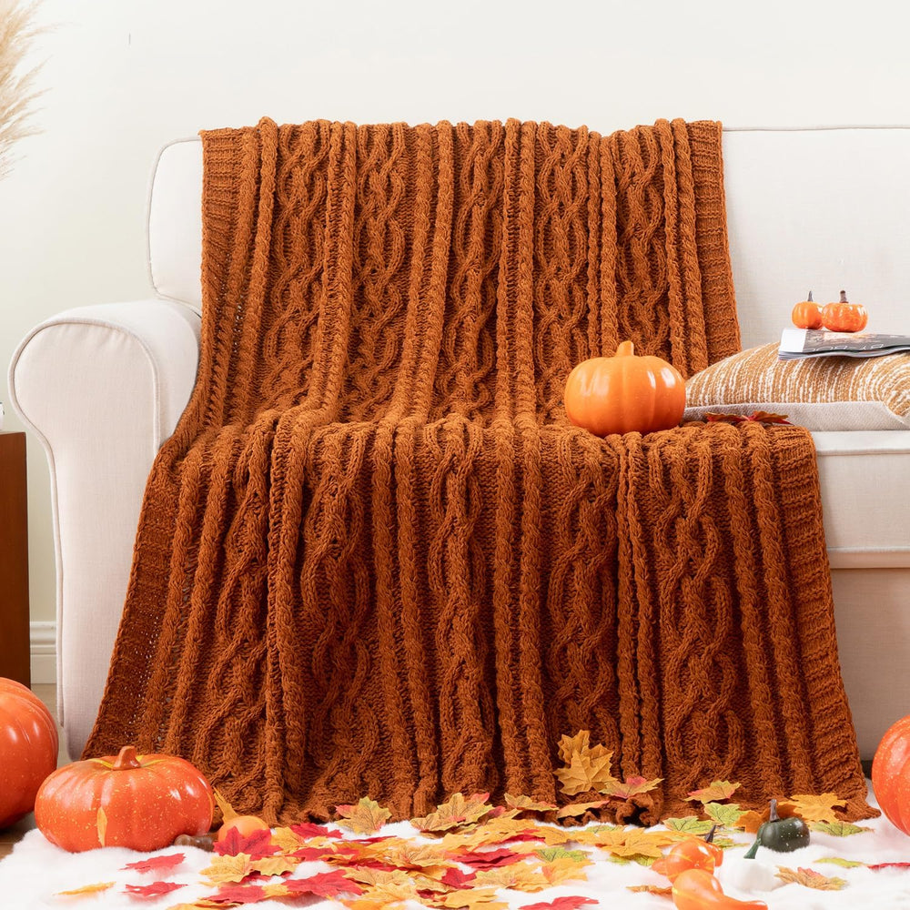 Battilo Rust Orange Throw Blanket for Couch, 51" x 67", Cable Knit ...