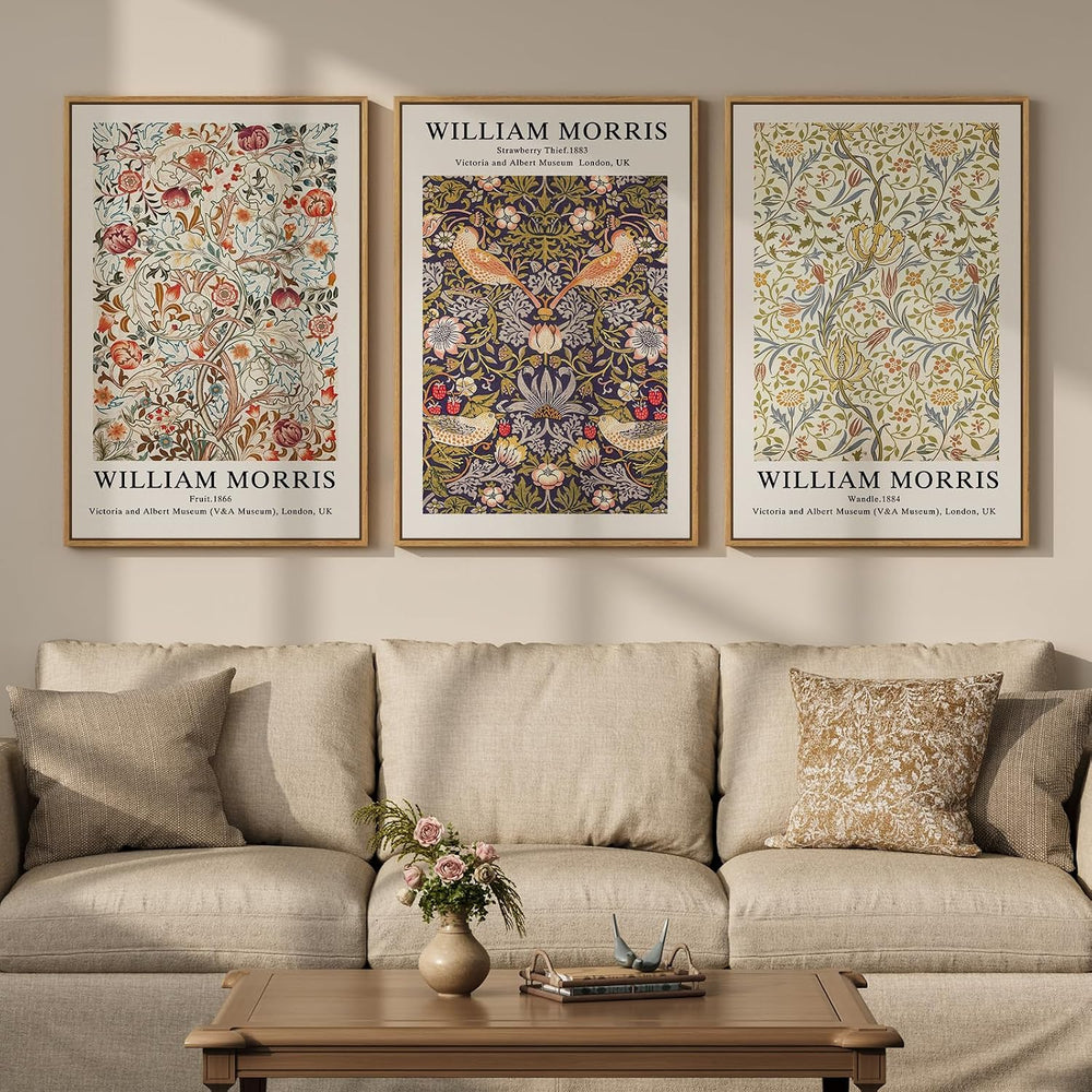 Large Framed William Morris Strawberry Thief Canvas Wall Art, Set of 3