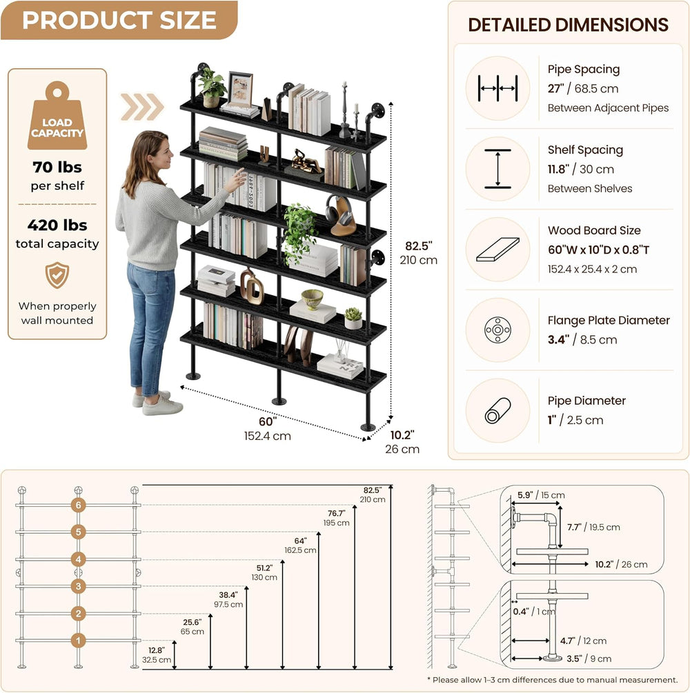 6-Tier LED Ladder Shelf, Wall Mounted Pipe Bookshelf, Black 60 Inch