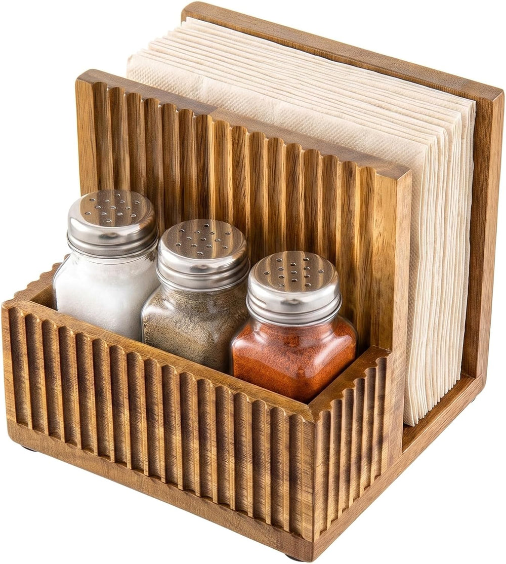 MyGift 4-Piece Fluted Acacia Wood Dining Table Organizer Set – Napkin Holder,...