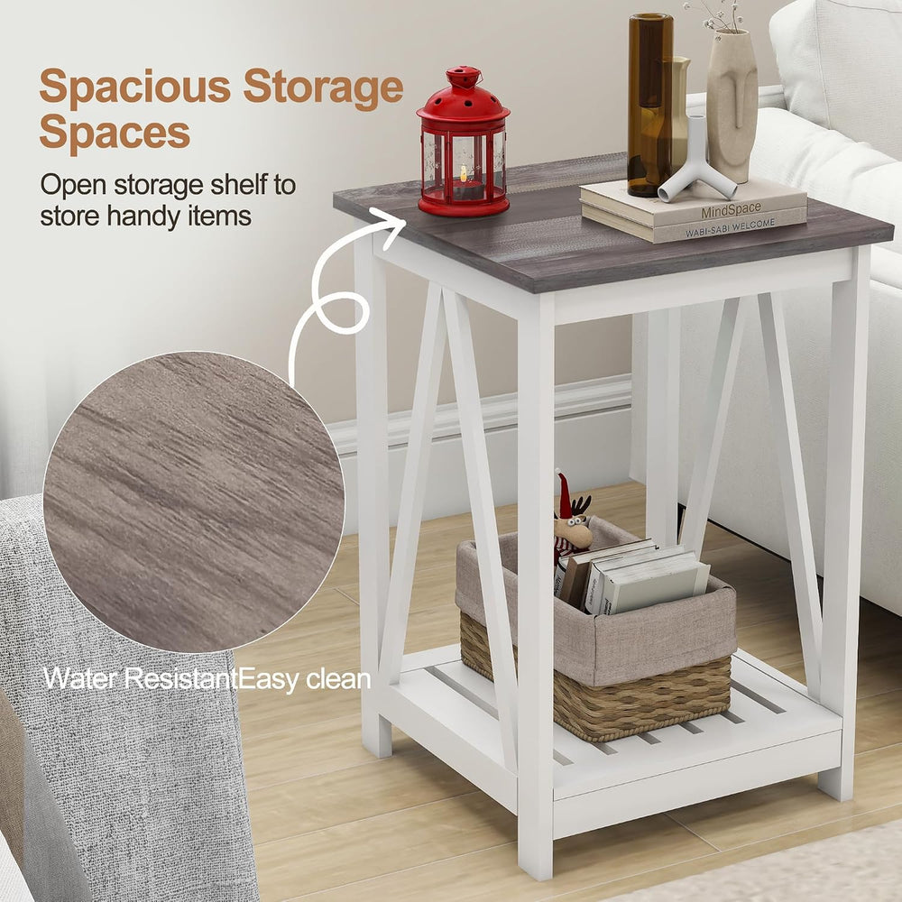 End Table, Farmhouse Square Side Table with Slat Shelf, 15.7" Oak White