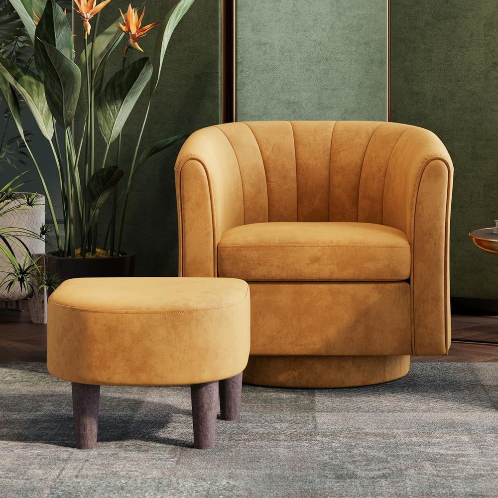 LINSY Swivel Accent Chair with Ottoman: Small Velvet Barrel Chair 360 Swivel ...