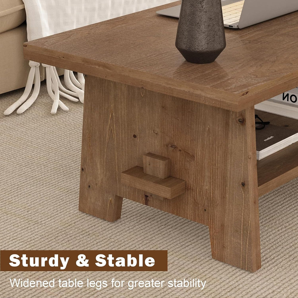 Farmhouse Wood Coffee Table, 43.4" Center Table, Solid Wood Tabletop