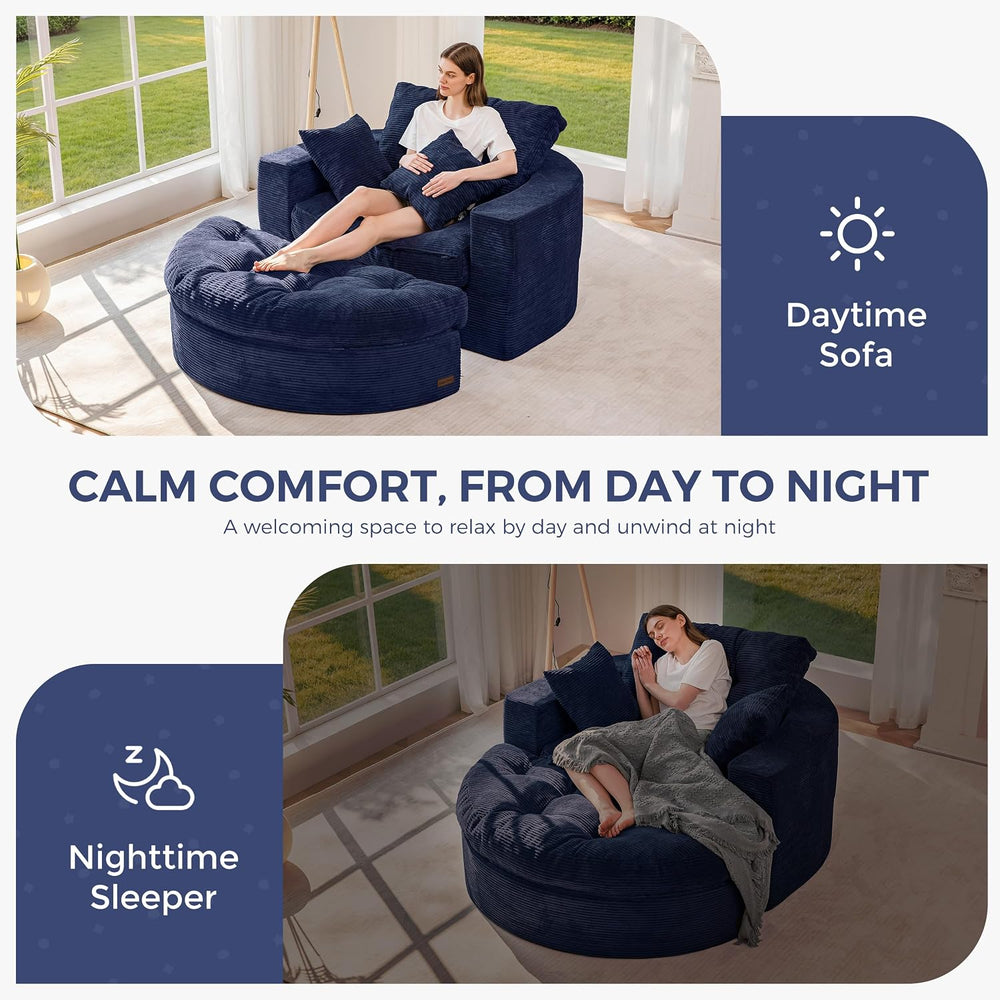 MAXYOYO Oversized Round Chaise Lounge Sofa, Boneless Chair with Ottoman