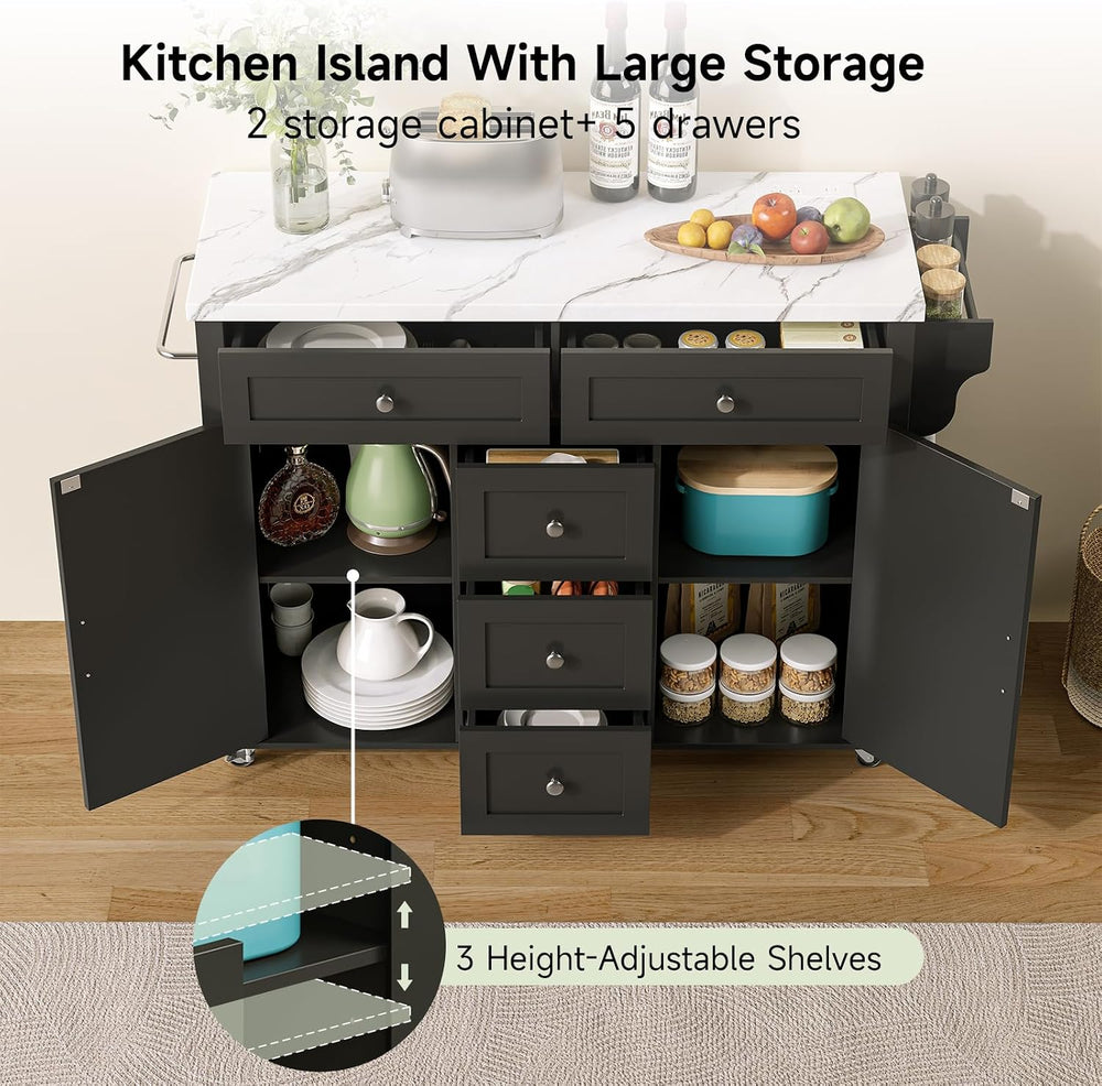 ONBRILL 47" Kitchen Island with 2 Storage Cabinets & 5 Drawers, Black