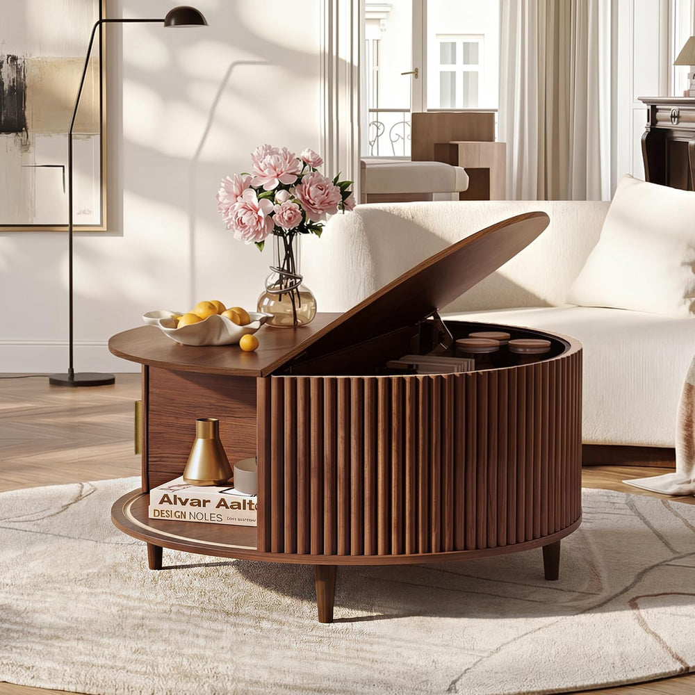 WLIVE 31.5" Round Coffee Table with Storage, Walnut Brown