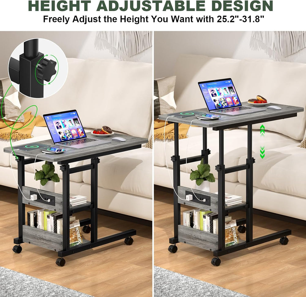Rolling C Shaped End Table with Charging Station for Couch, Height Adjust