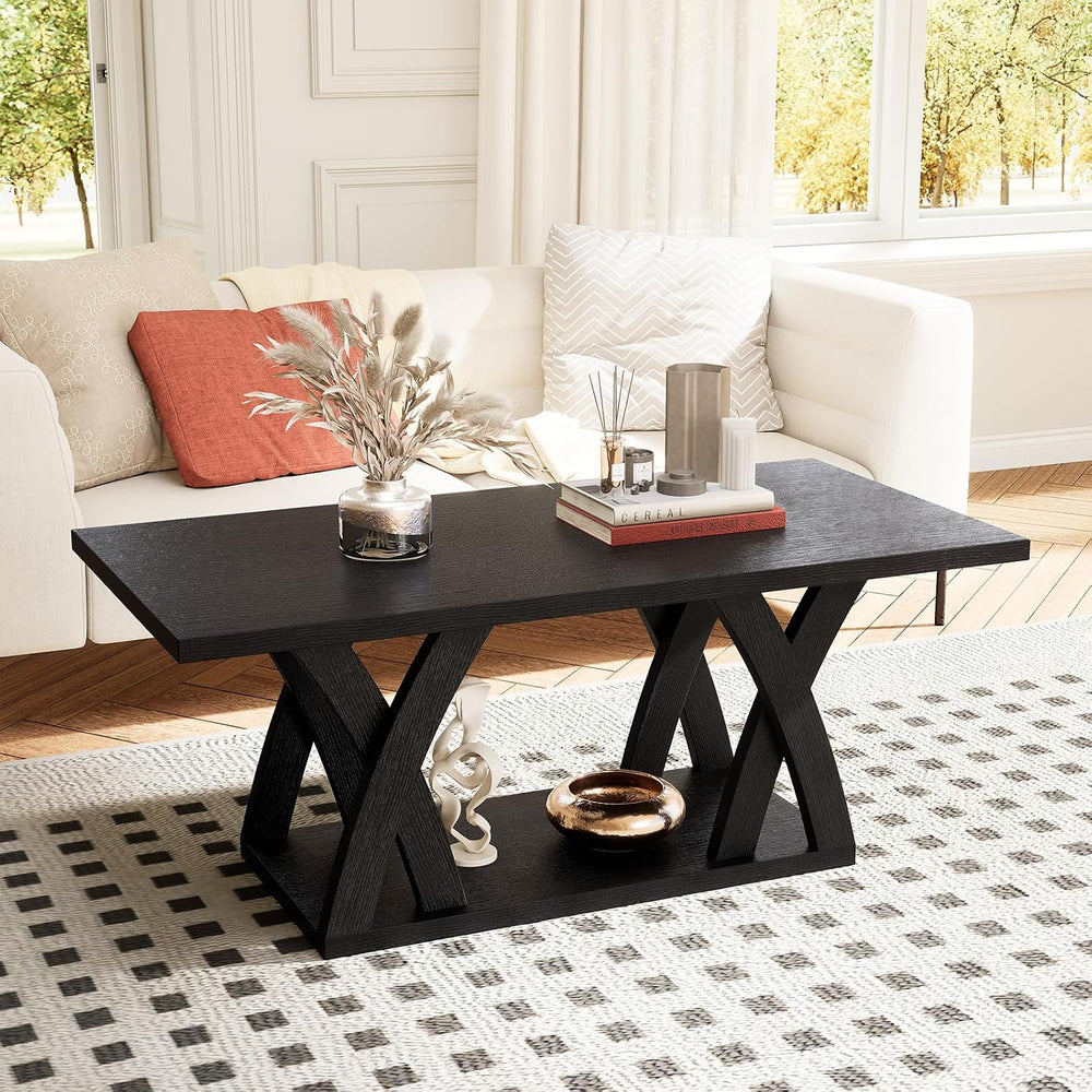 FROMJBEST Wood Coffee Table for Living Room, 47" Center Table, Black