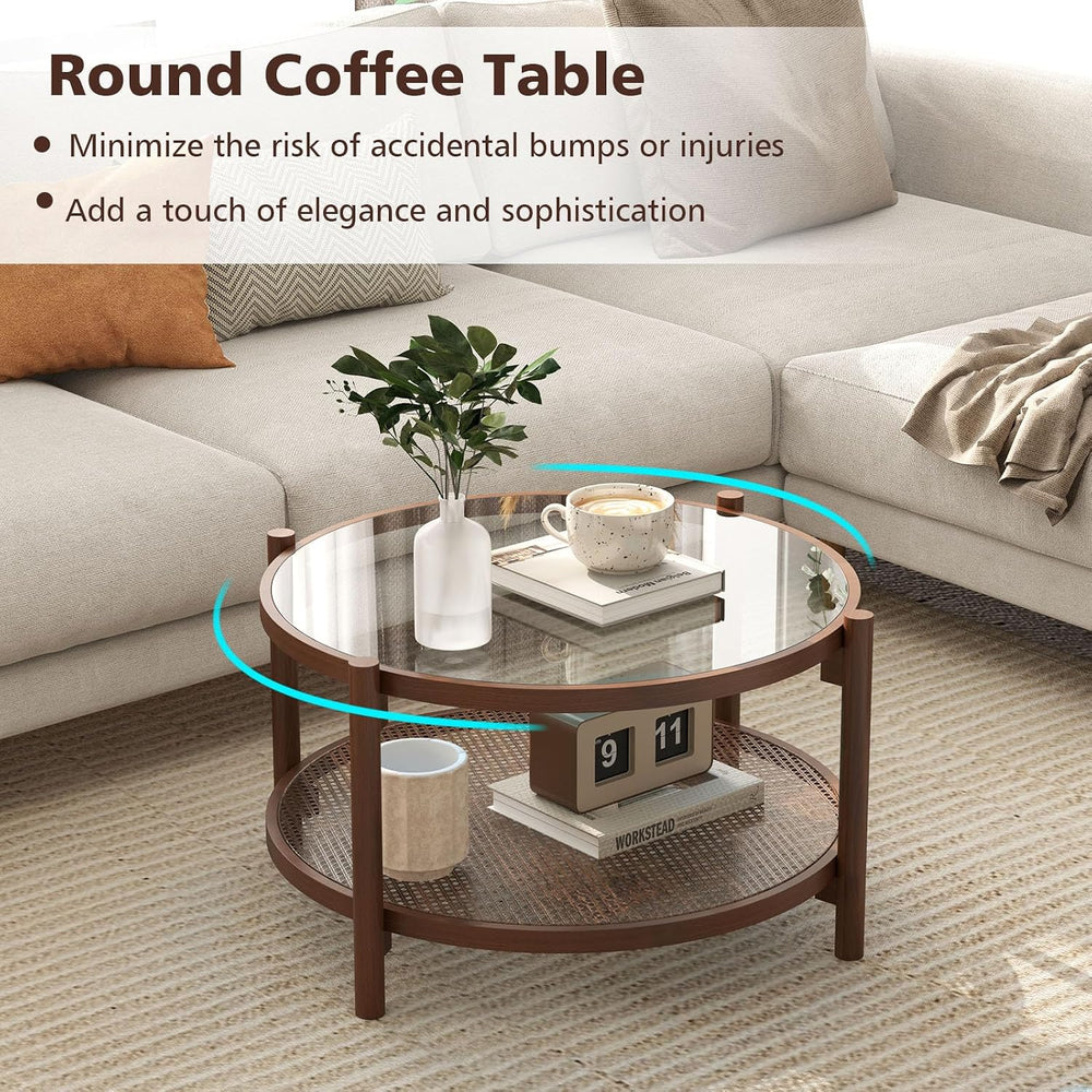GOFLAME Rattan Coffee Table, Boho Glass Center Table with Solid Wood Frame, T...