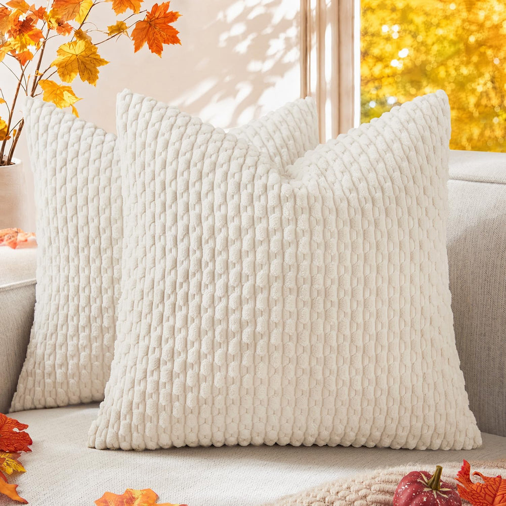 Kevin Textile Soft Corduroy 28x28 Inch Pillow Covers 2 Pack, Cream White